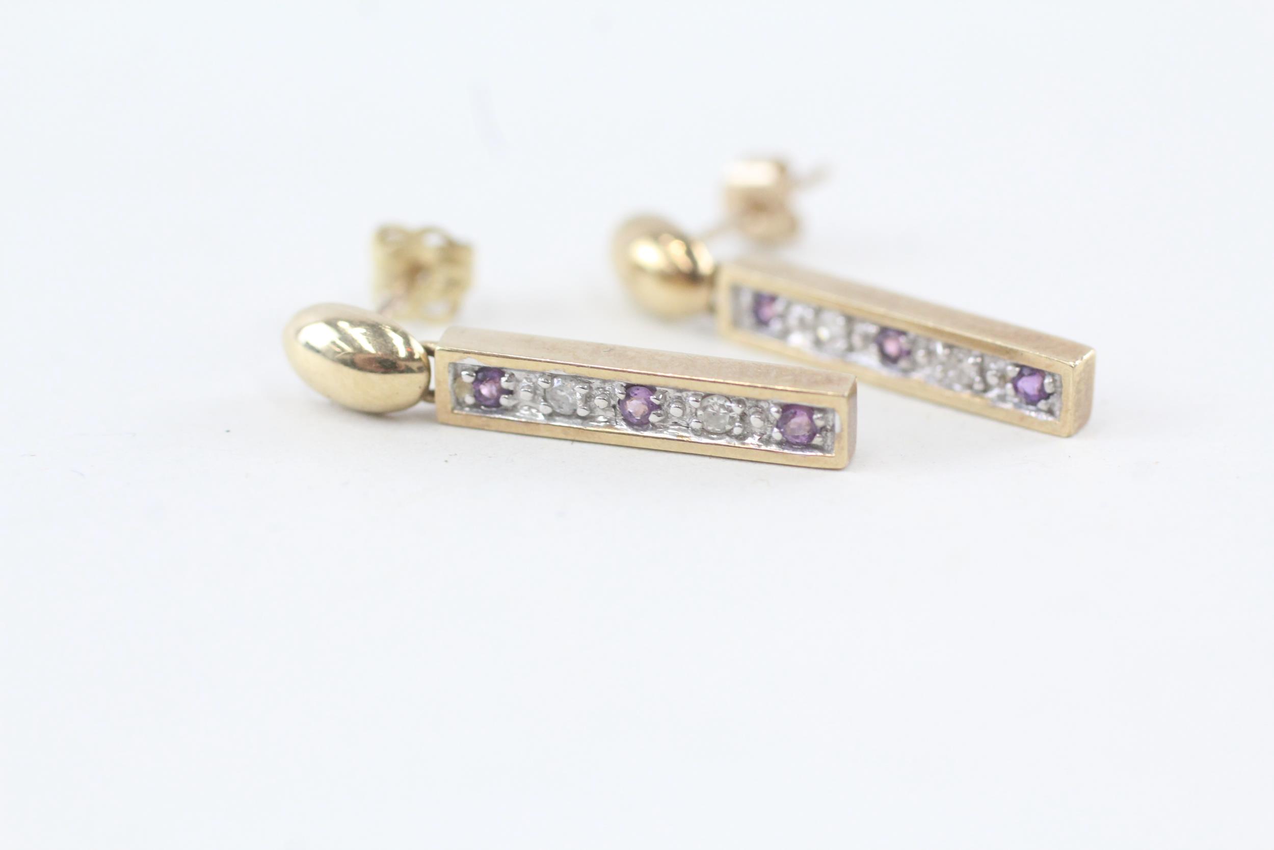 9ct gold diamond & amethyst five stone bar dangle earrings - 2.5 g