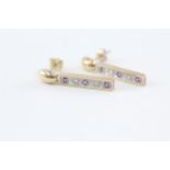 9ct gold diamond & amethyst five stone bar dangle earrings - 2.5 g