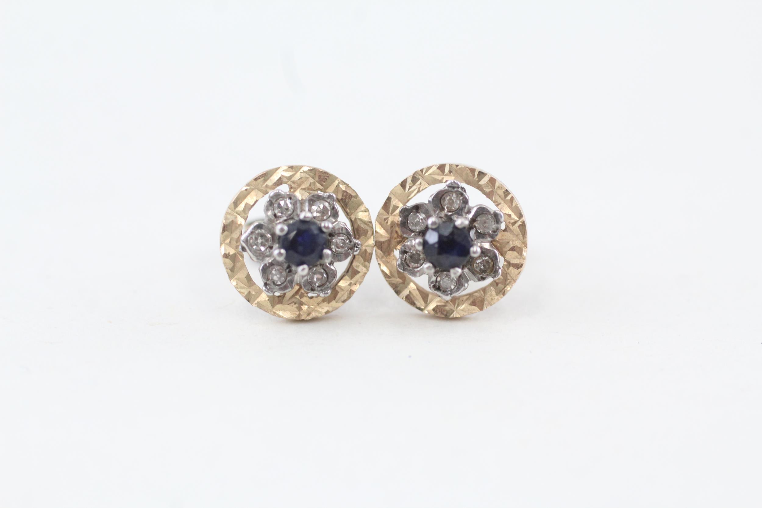 9ct gold vintage sapphire and diamond set floral cluster stud earrings - 1.6 g