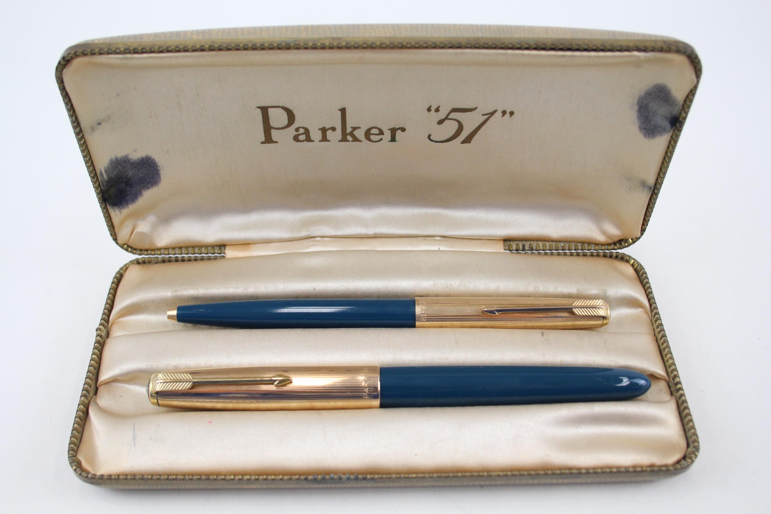 Vintage PARKER 51 Teal Fountain Pen w/ 14ct Nib, Rolled Gold Cap, Ballpoint, Box - w/ 14ct Nib,