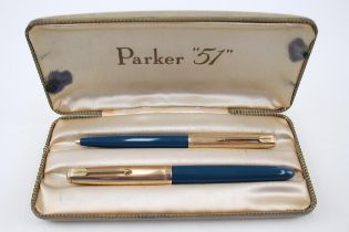 Vintage PARKER 51 Teal Fountain Pen w/ 14ct Nib, Rolled Gold Cap, Ballpoint, Box - w/ 14ct Nib,