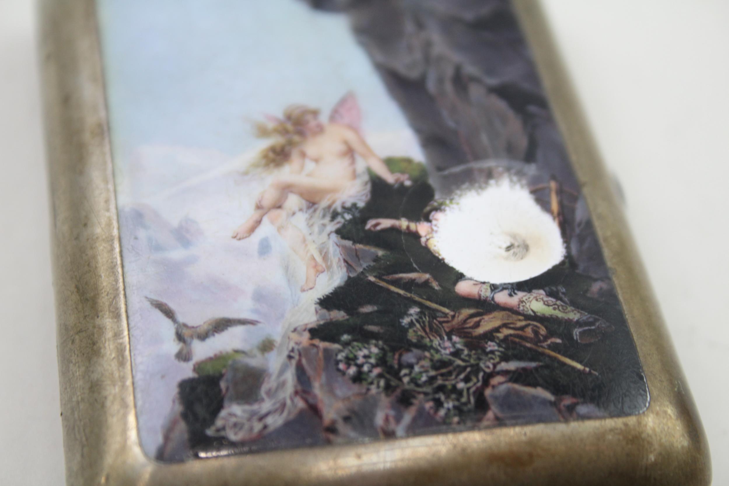 Antique Silver Plate Enamel Detailed Tobacciana Cigarette Case w/ Fairy Scene - w/ Personal - Image 5 of 7