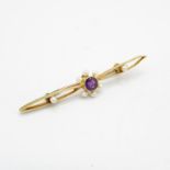15ct gold bar brooch with pearls and amethyst 2.5g 48mm long