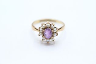 9ct gold vintage amethyst & seed pearl cluster ring, claw set Size J - 1.5 g