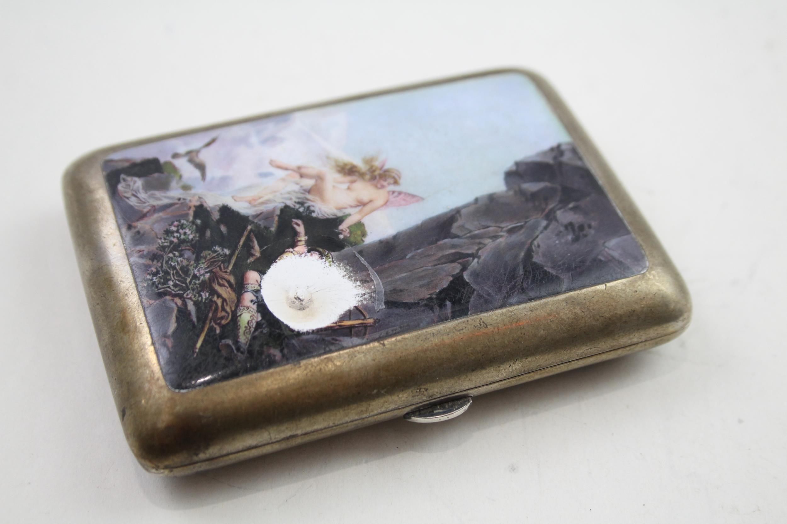 Antique Silver Plate Enamel Detailed Tobacciana Cigarette Case w/ Fairy Scene - w/ Personal