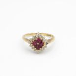 9ct gold ruby four stone cluster ring with cubic zirconia frame Size J - 2.2 g