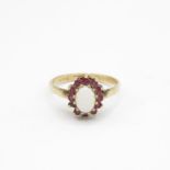 9ct gold opal & ruby cluster ring, claw set (2.7g) Size Q