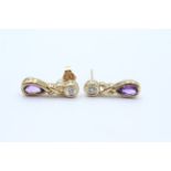 9ct gold diamond & pear shape amethyst dangle earrings - 2.6 g