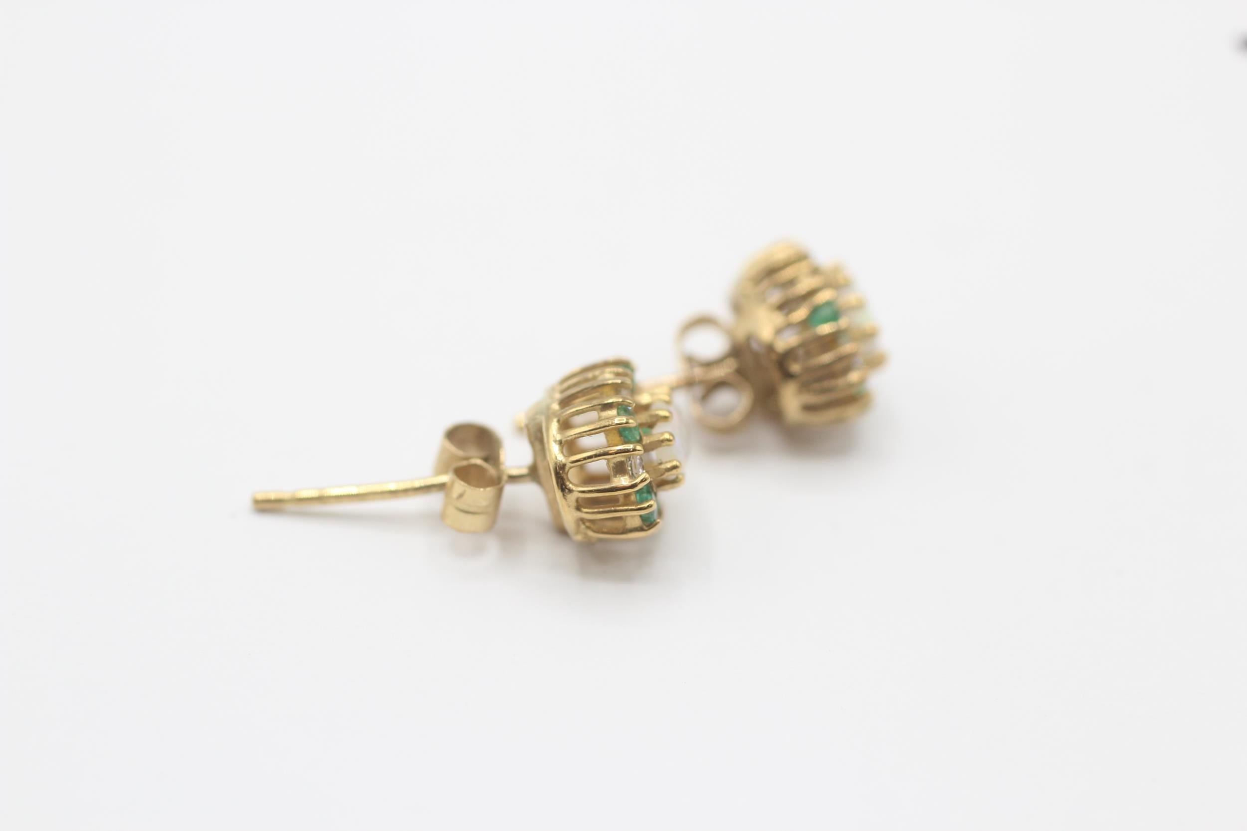 9ct gold opal, emerald & cubic zirconia cluster stud earrings with scroll backs - 1.4 g - Image 3 of 4