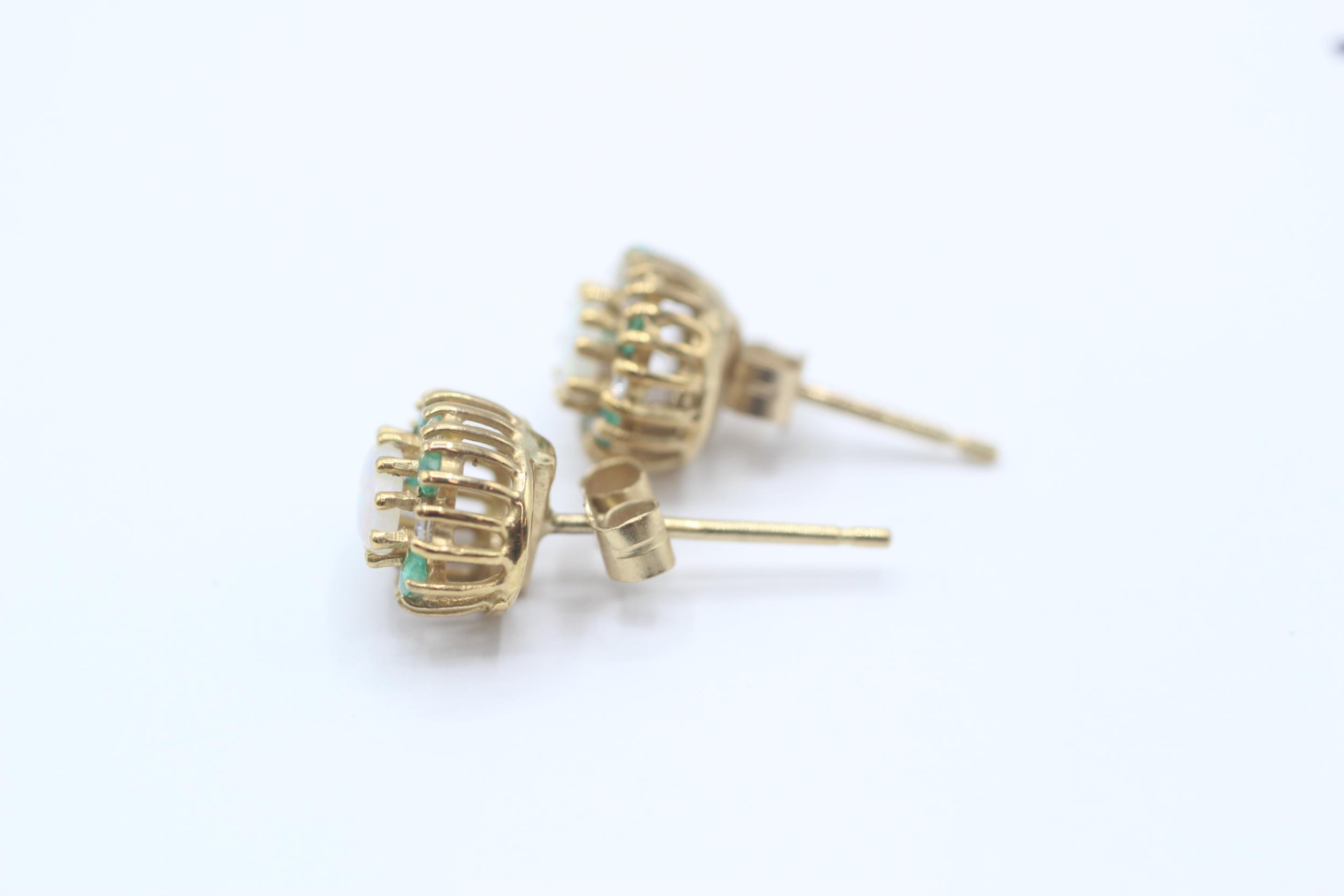 9ct gold opal, emerald & cubic zirconia cluster stud earrings with scroll backs - 1.4 g - Image 4 of 4