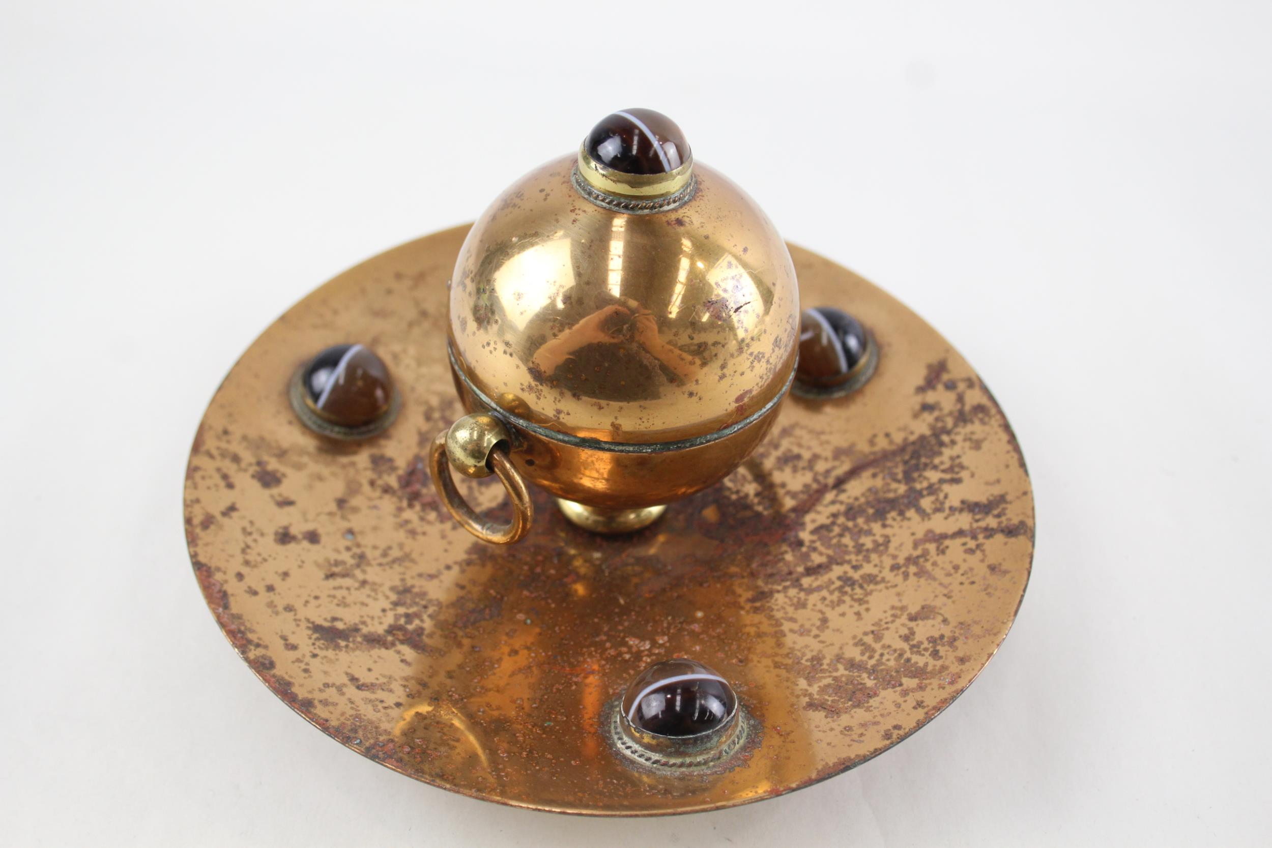 Antique ARTS & CRAFTS Brass Circular Inkwell w/ Tiger's Eye Cabochons - Diameter - 16.5cm In antique