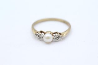 9ct gold cultured pearl & diamond dress ring Size R 1/2 - 1.9 g