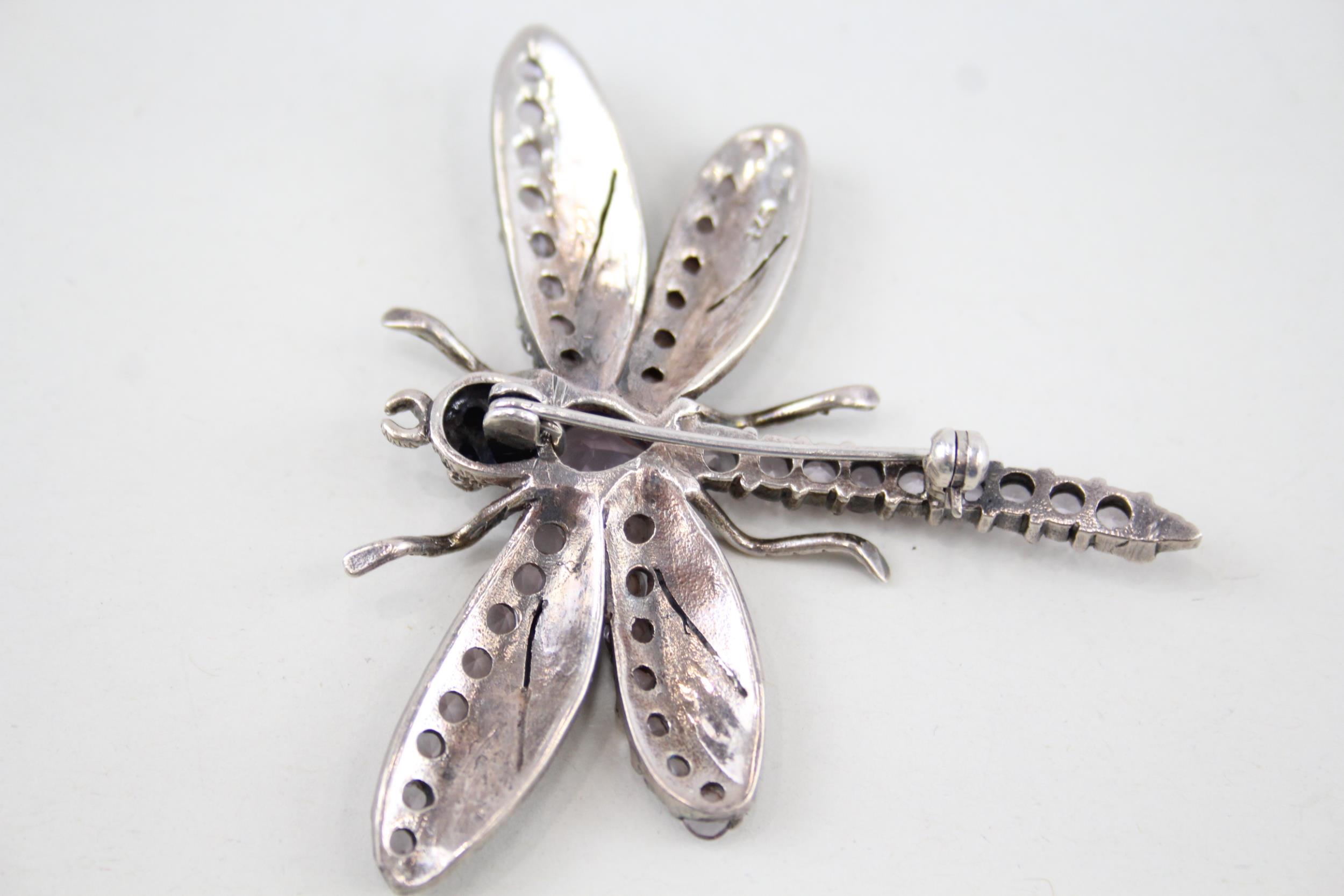 Two sterling silver dragonfly brooches including marcasite, amethyst (34g) - Image 3 of 6
