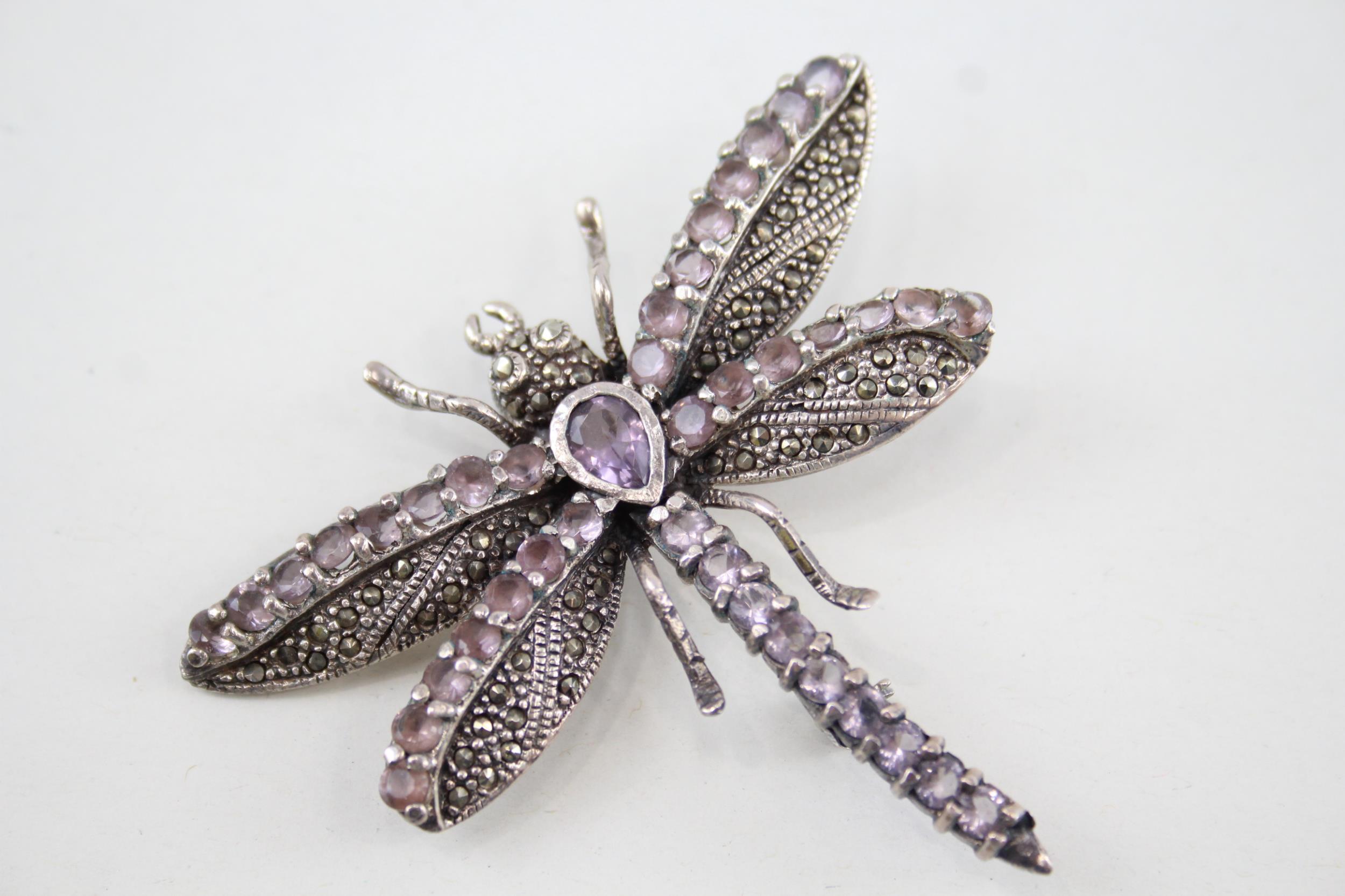 Two sterling silver dragonfly brooches including marcasite, amethyst (34g) - Image 2 of 6