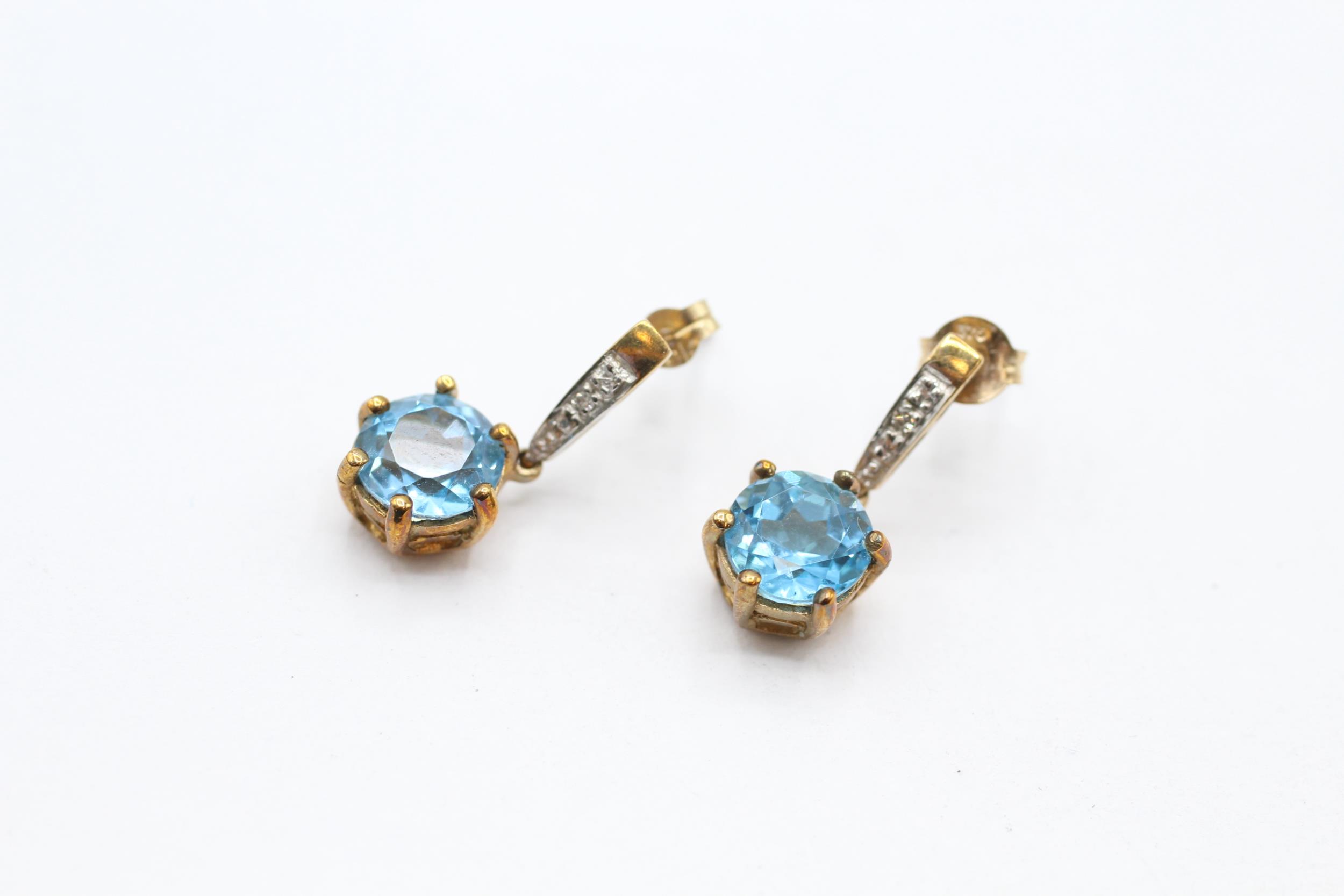 9ct gold blue topaz and diamond set drop earrings - 2.8 g