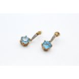 9ct gold blue topaz and diamond set drop earrings - 2.8 g