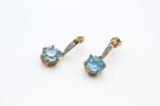 9ct gold blue topaz and diamond set drop earrings - 2.8 g