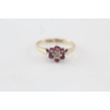 9ct gold diamond & ruby seven stone floral cluster ring Size J - 1.4 g