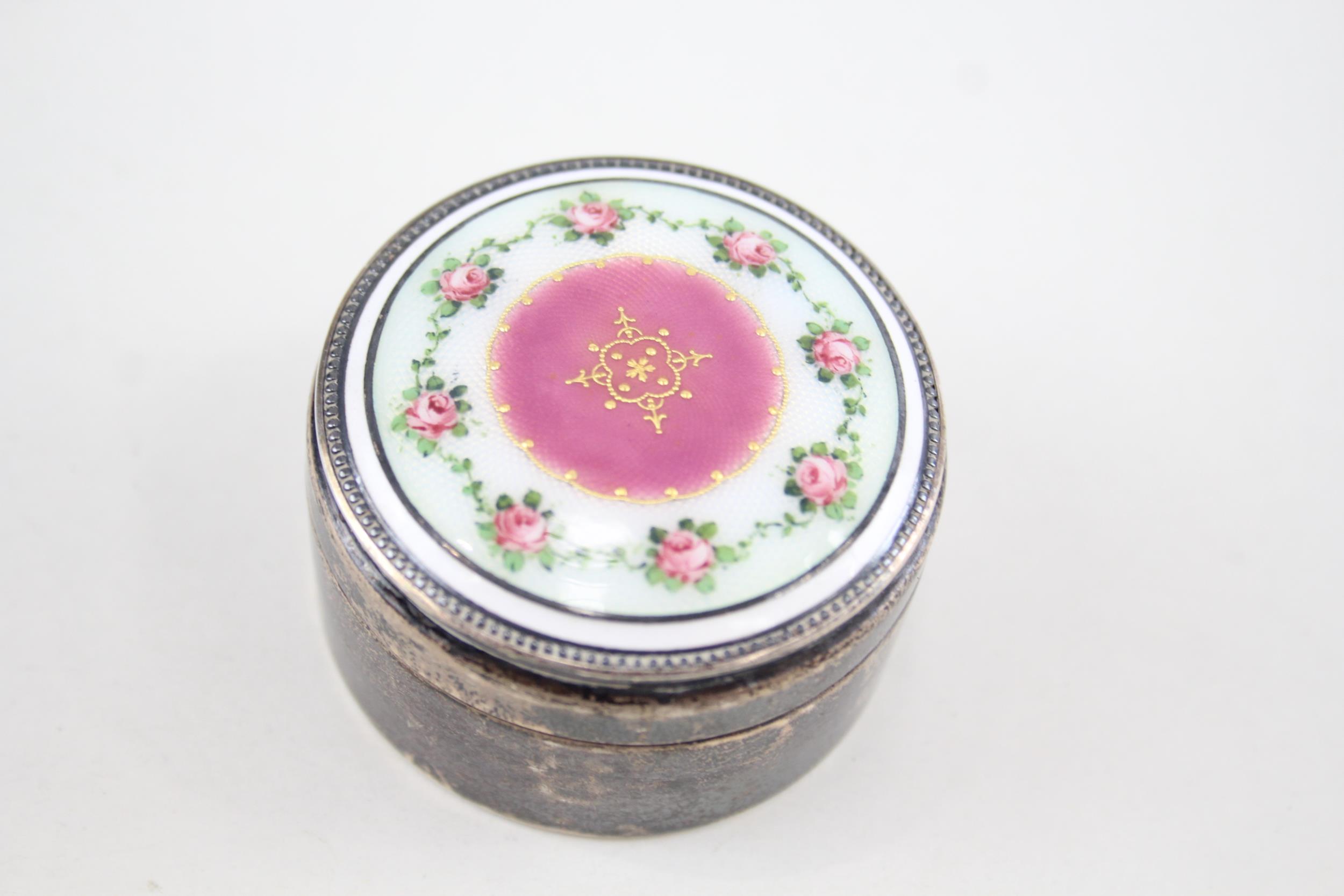 Antique 1912 Chester Sterling Silver Guilloche Enamel Trinket Box w/ Enamel 48g - w/ Pink & White