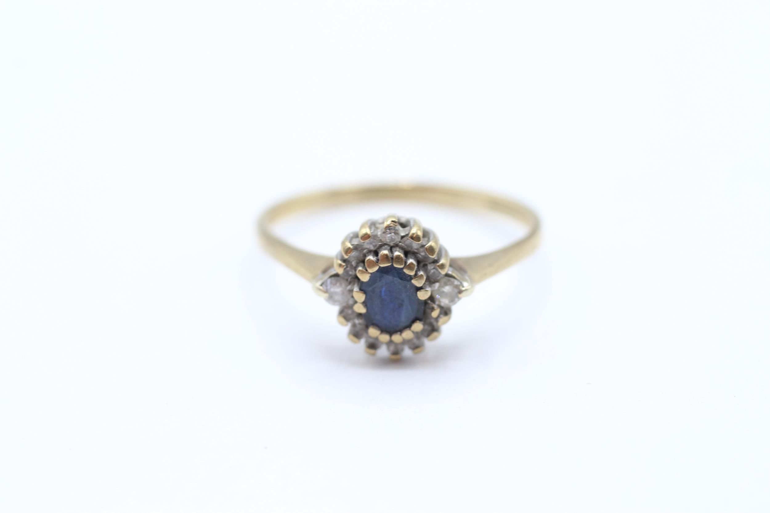 9ct gold sapphire and diamond halo ring - MISHAPEN - AS SEEN Size O - 1.8 g