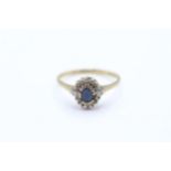 9ct gold sapphire and diamond halo ring - MISHAPEN - AS SEEN Size O - 1.8 g