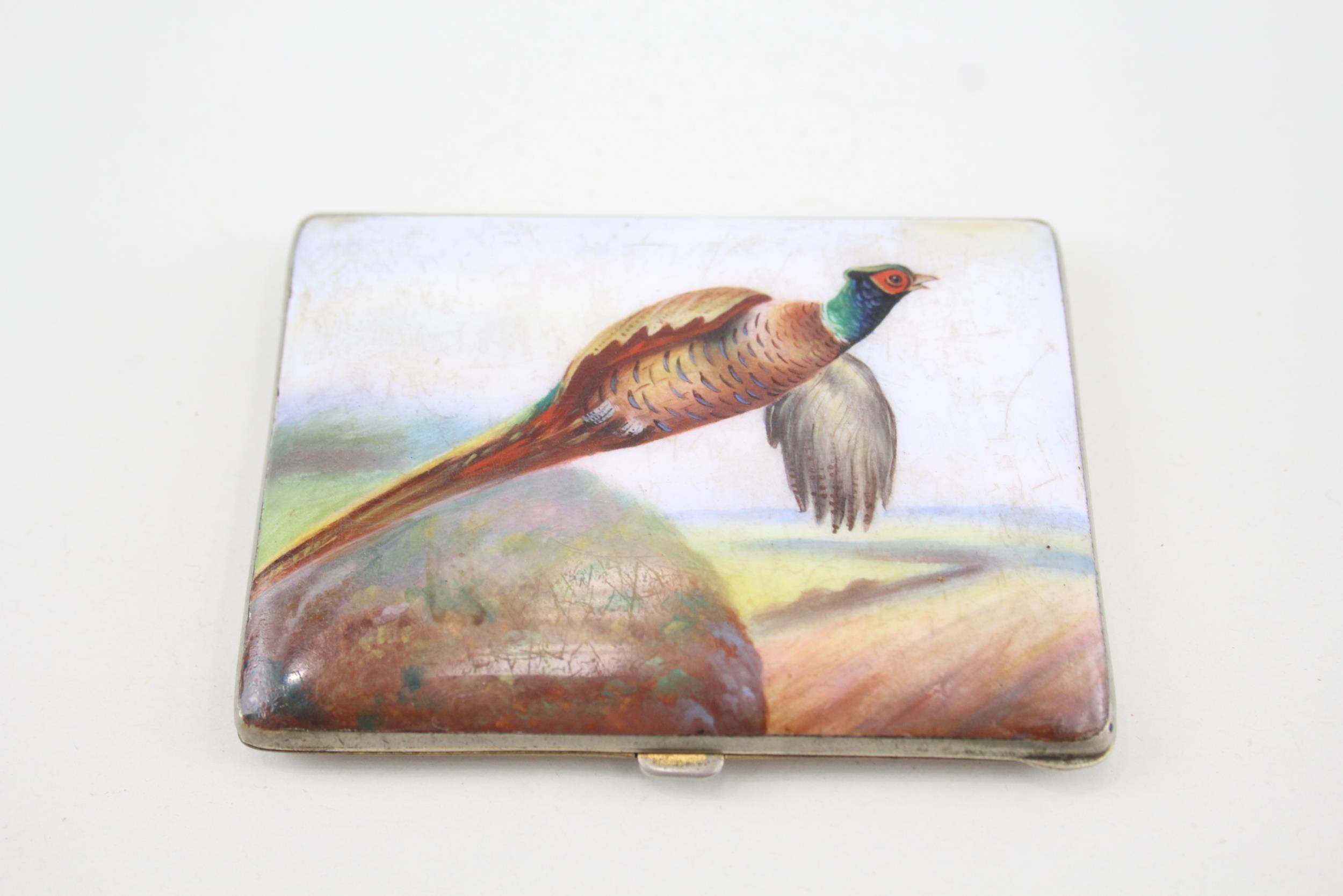 Antique Silver Plate Enamel Tobacciana Cigarette Case w/ Pheasant In Flight - Dimensions - 7cm(w)