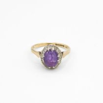 9ct gold amethyst and diamond cluster ring Size M - 2.6 g