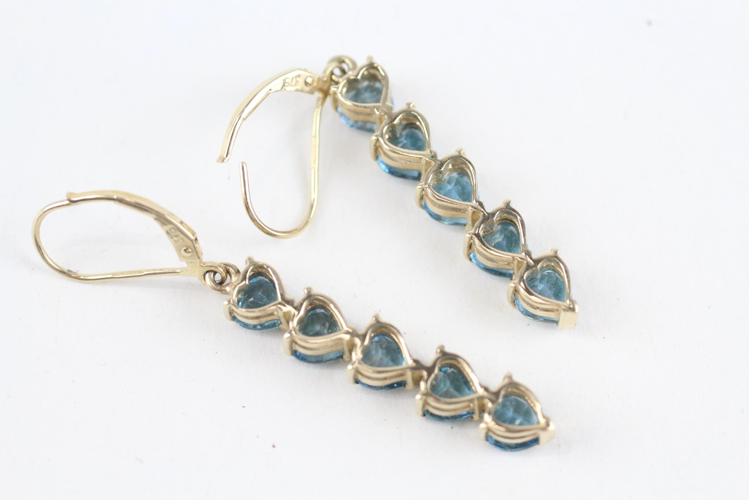 9ct gold heart shaped cut blue topaz drop earrings with lever backs - 5.1 g - Image 4 of 4