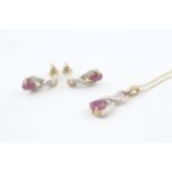 2x 9ct gold ruby & diamond pendant necklace & drop earrings set (2.9g)