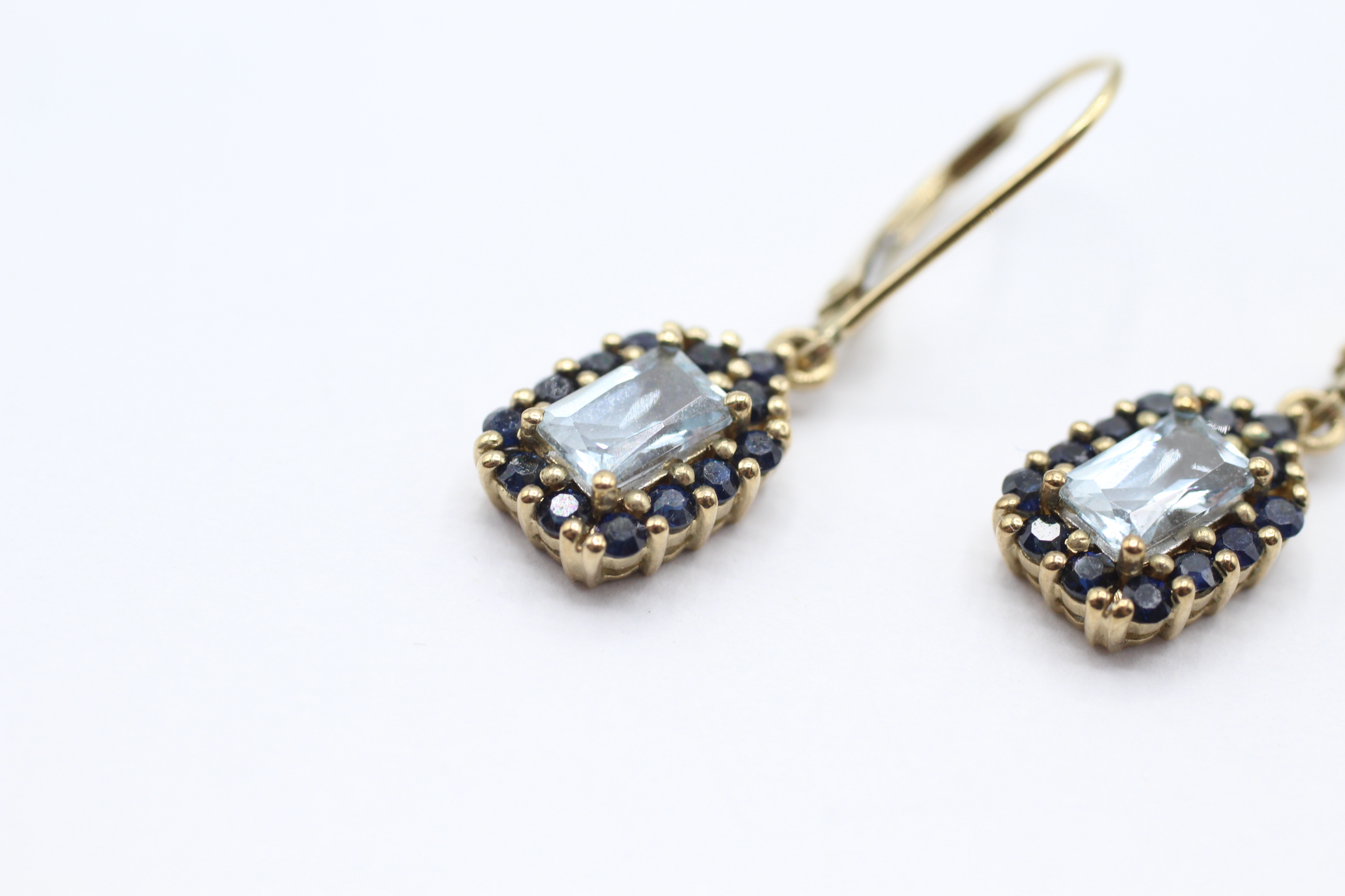 9ct gold sapphire and aquamarine halo drop earrings - 2.1 g - Image 3 of 4