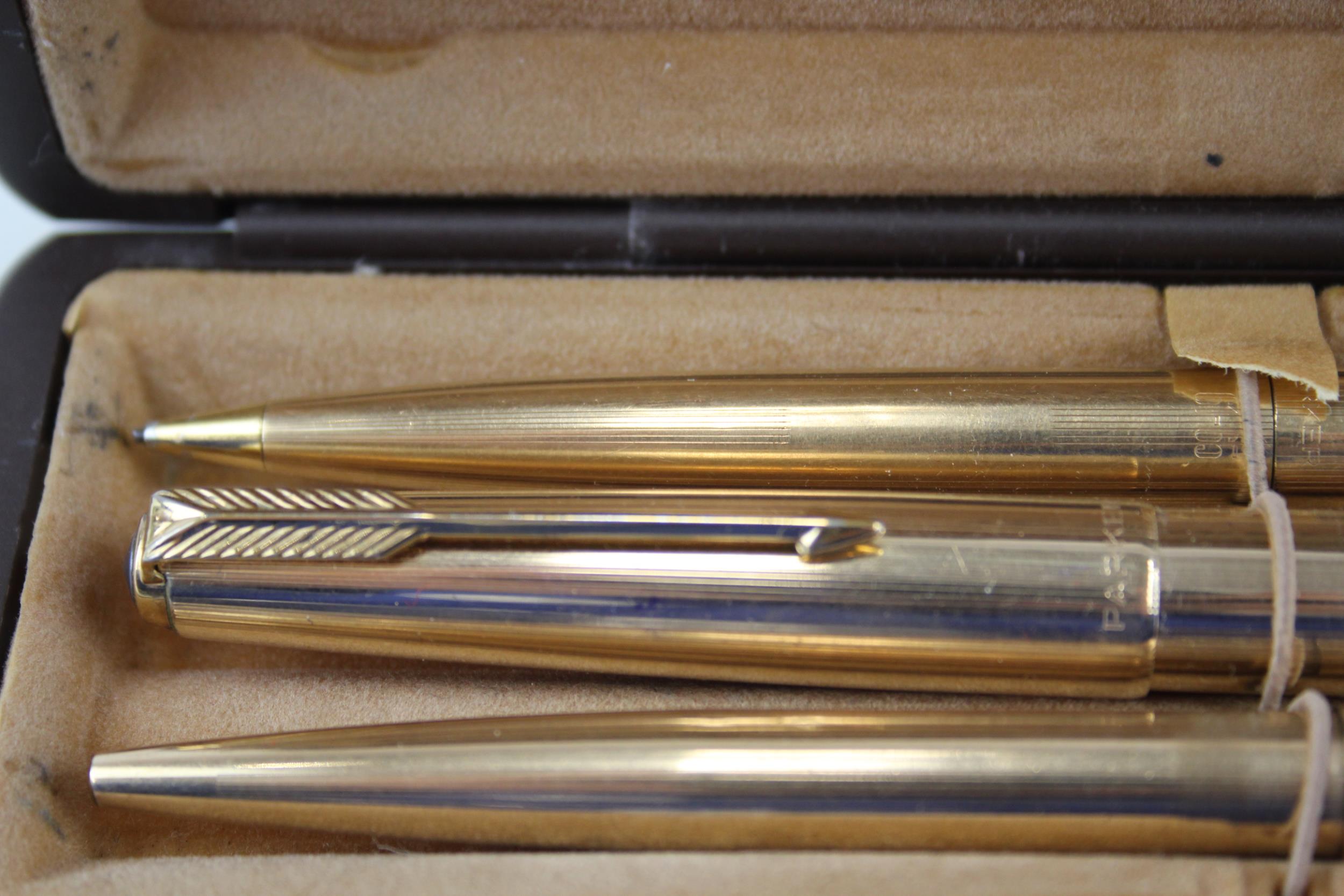 Vintage PARKER 61 Gold Plated Fountain Pen w/ 14ct Nib, Ballpoint, Pencil, Box - w/ 14ct Nib, - Bild 2 aus 5