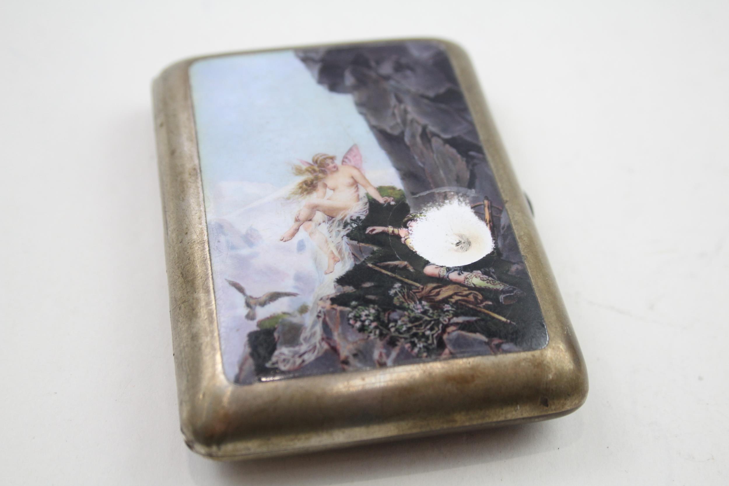 Antique Silver Plate Enamel Detailed Tobacciana Cigarette Case w/ Fairy Scene - w/ Personal - Image 4 of 7