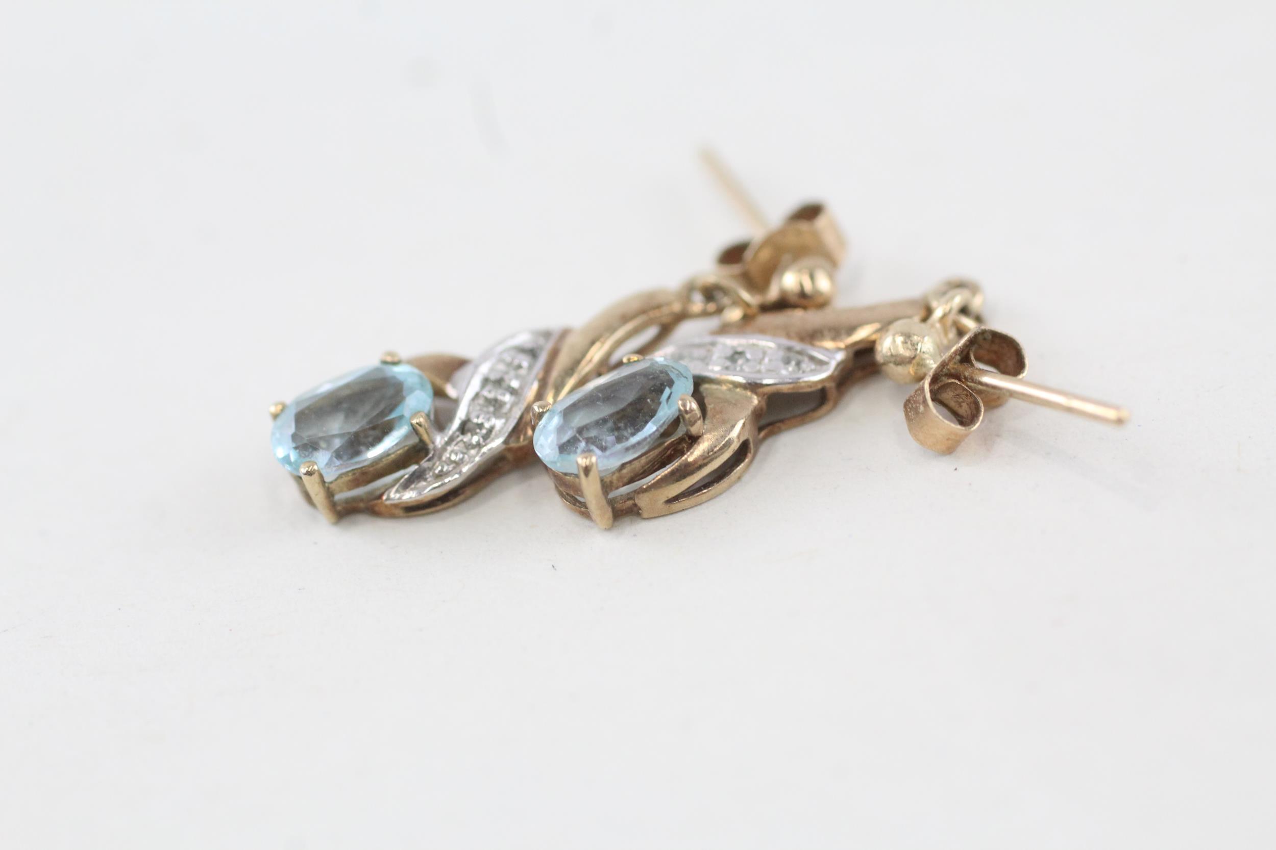 9ct gold oval cut blue topaz and diamond set drop earrings - 1.6 g - Image 2 of 4