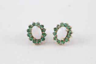 9ct gold opal & emerald cluster stud earring with scroll backs, claw set (1.8g)