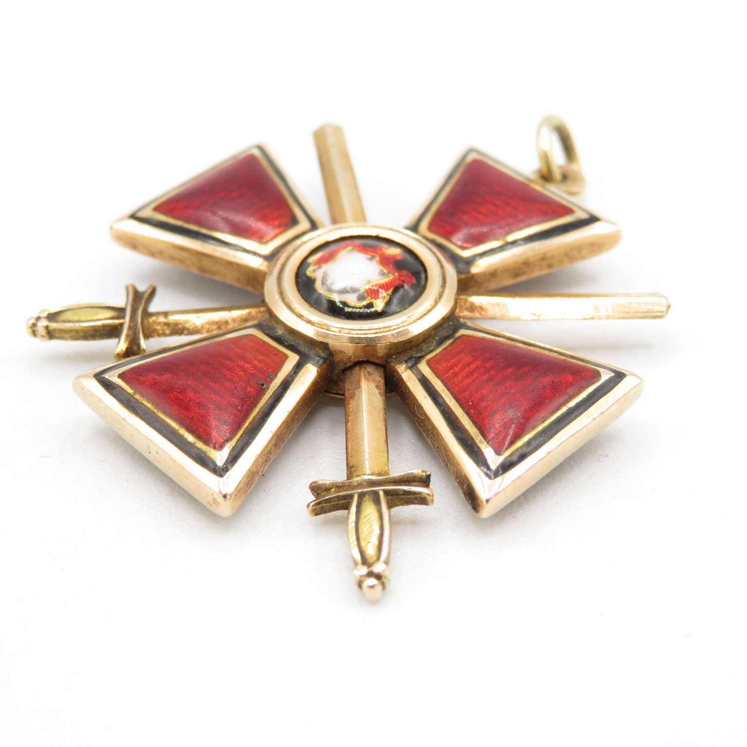 Order of St. Vladimir 18ct gold with red enamel Maltese cross with crossed swords and Royal Cipher - Image 6 of 7