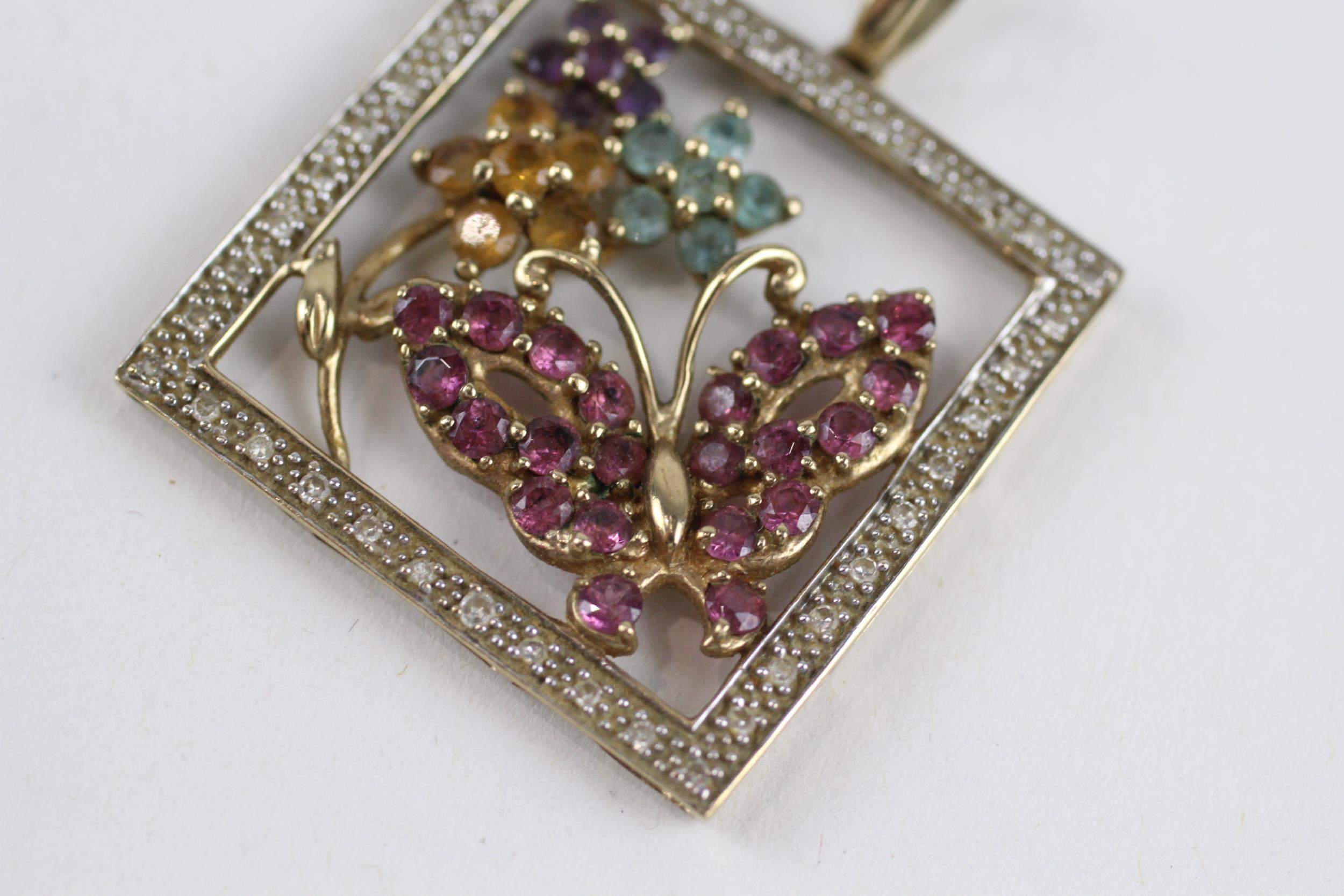 9ct gold multi gemstone floral pendant necklace, gemstones including: diamond, blue topaz, amethyst, - Image 3 of 4