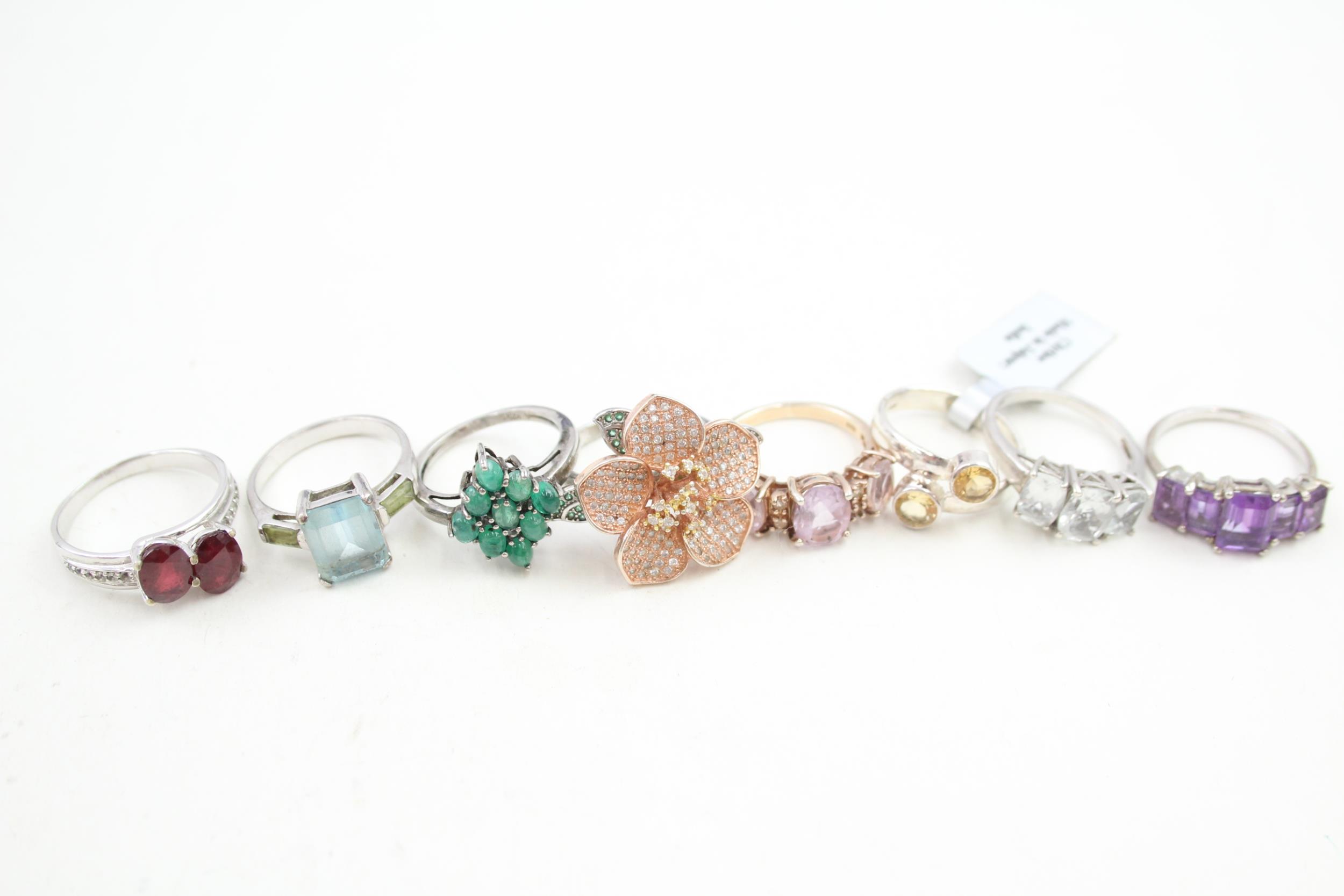 A collection of silver stone set rings including emerald and ruby (33g) Size N, N, N, O, P, P, Q, R