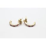 9ct gold ruby & diamond C-hoop earrings with scroll backs - 1.1 g