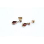 9ct gold pear cut garnet drop earrings with scroll backs - 1.3 g