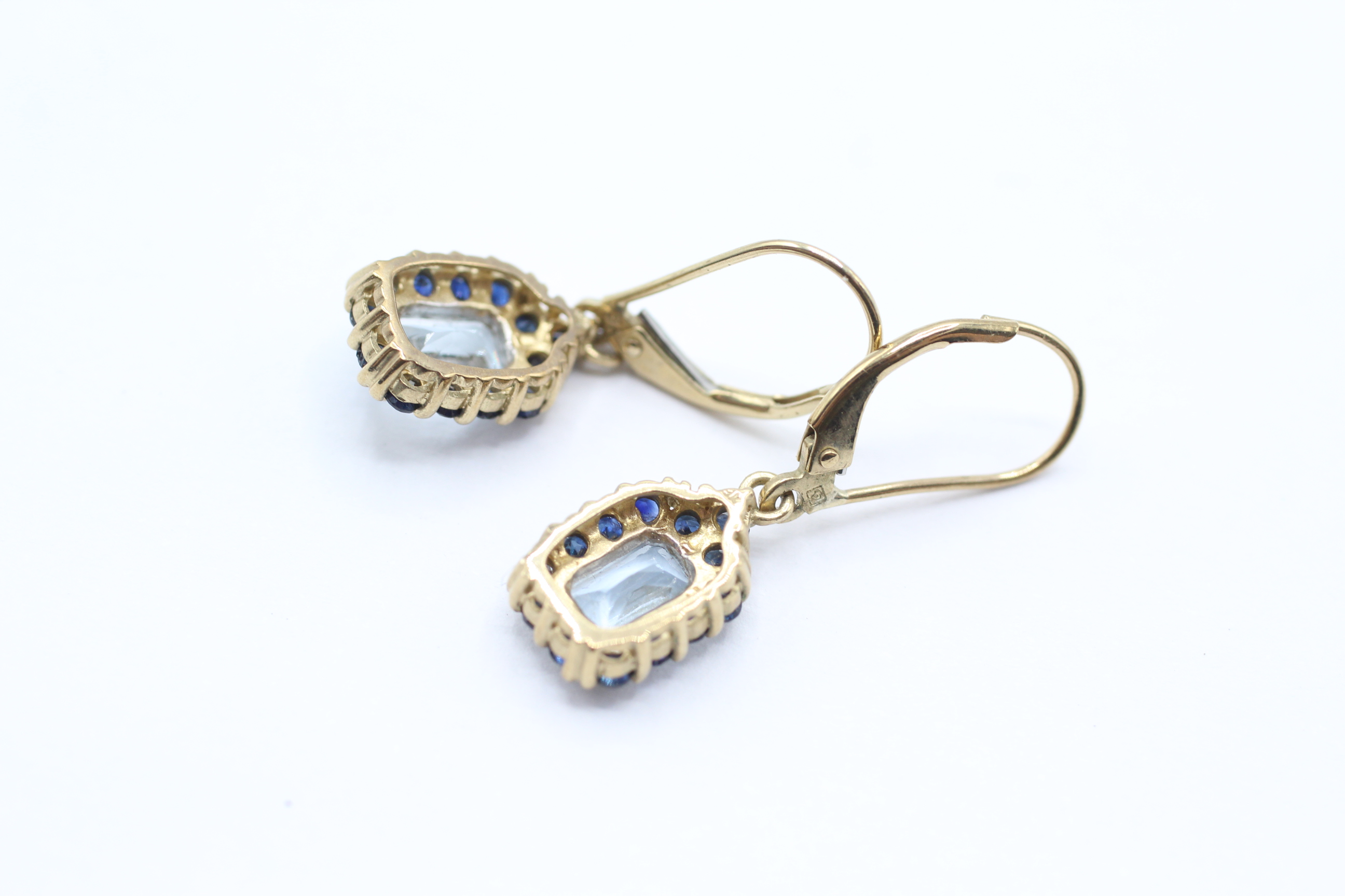 9ct gold sapphire and aquamarine halo drop earrings - 2.1 g - Image 4 of 4