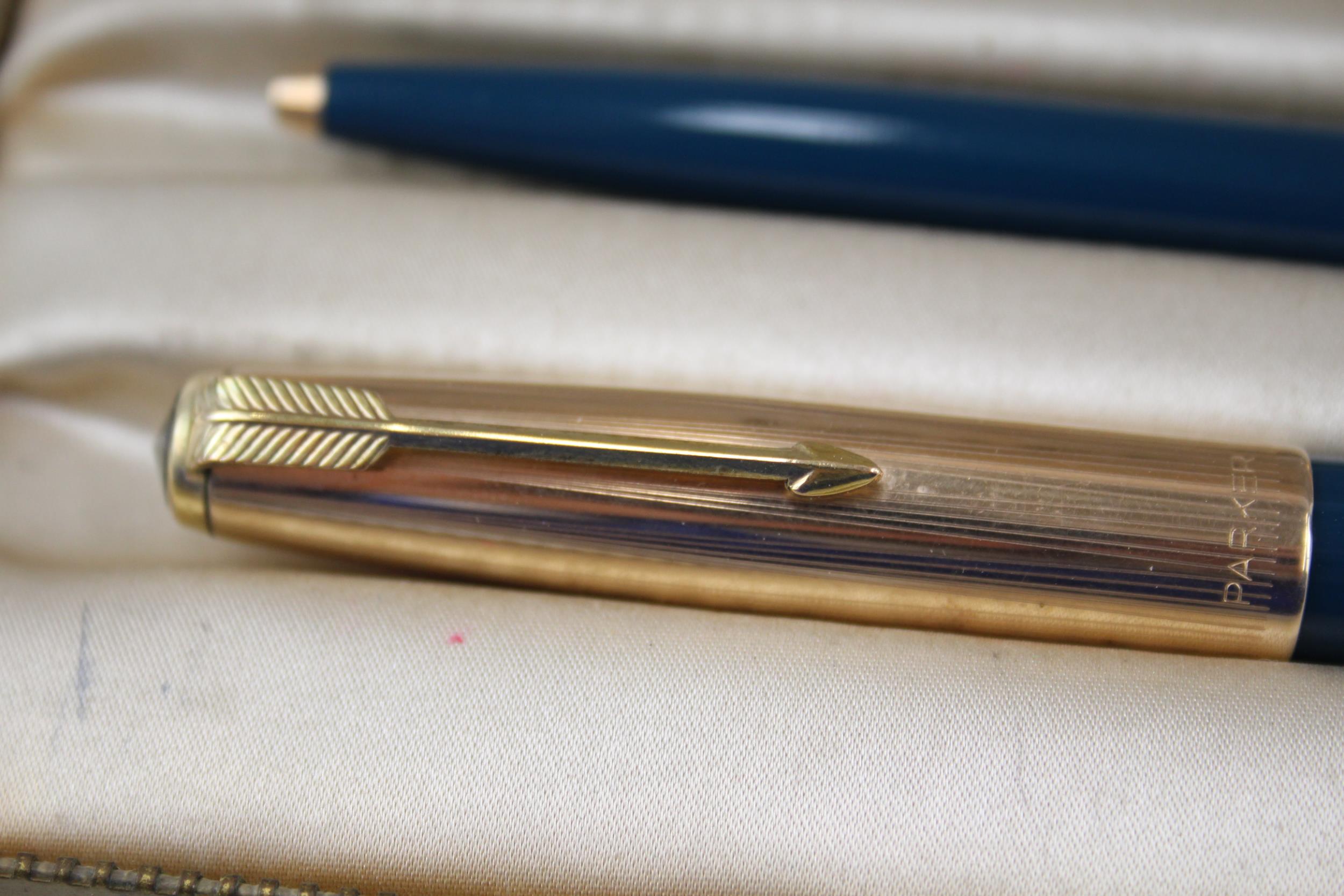 Vintage PARKER 51 Teal Fountain Pen w/ 14ct Nib, Rolled Gold Cap, Ballpoint, Box - w/ 14ct Nib, - Image 3 of 6