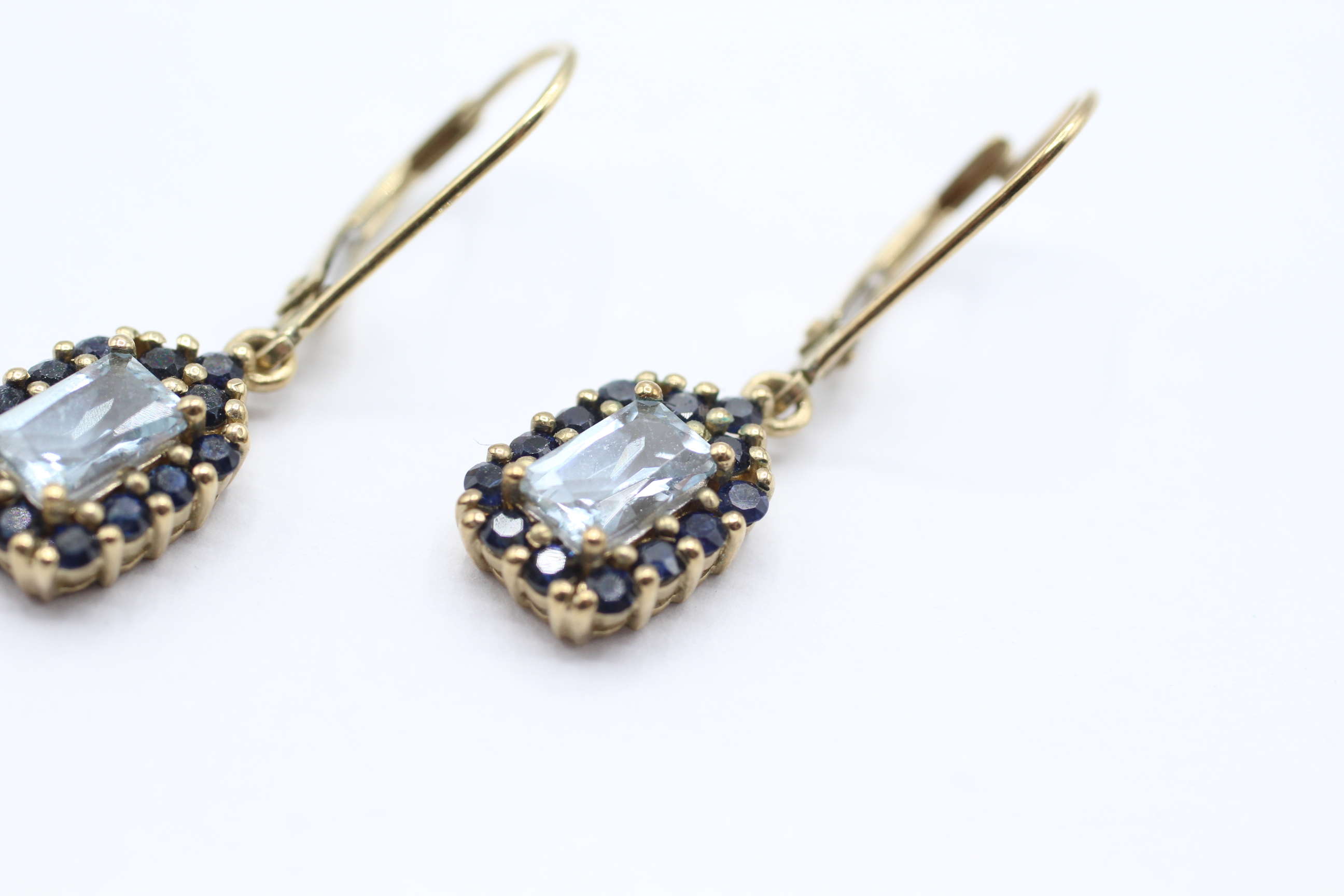 9ct gold sapphire and aquamarine halo drop earrings - 2.1 g - Image 2 of 4