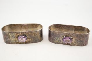 2 x Vintage 1939 Birmingham Sterling Silver Napkin Rings w/ Purple Cabochons 48g - Maker - Joseph