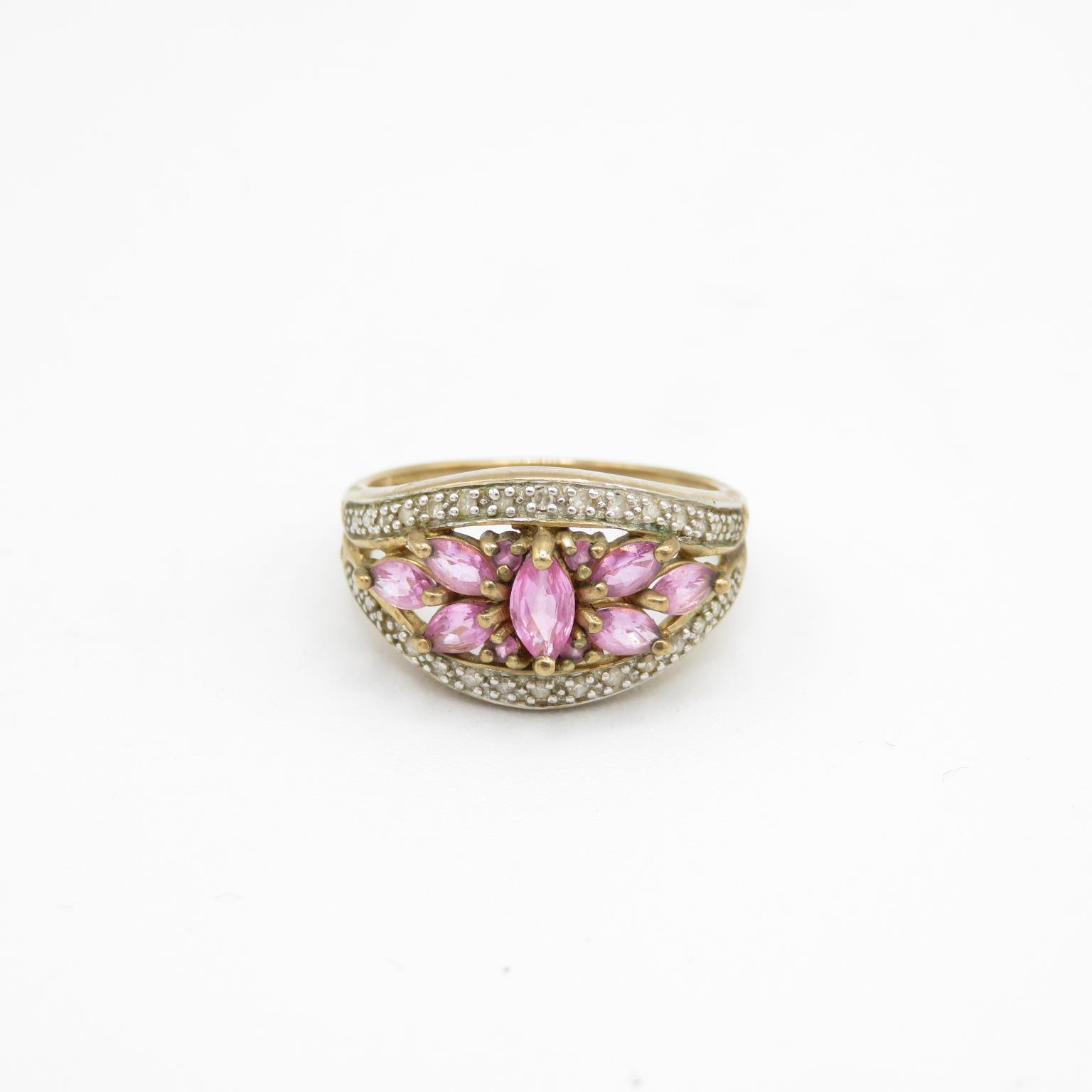 9ct gold pink sapphire & diamond dress ring, claw set (3.5g) Size P