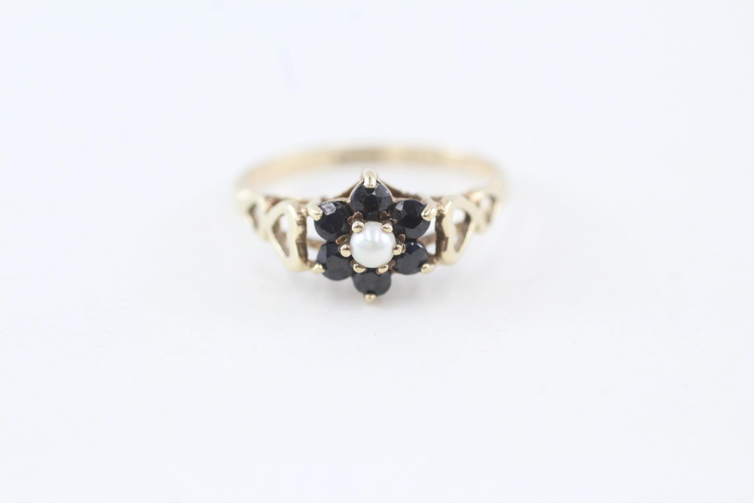 9ct gold sapphire & seed pearl seven stone floral cluster ring with openwork heart shoulders Size