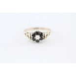 9ct gold sapphire & seed pearl seven stone floral cluster ring with openwork heart shoulders Size