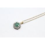 9ct gold diamond & emerald floral cluster pendant necklace - 1.7 g