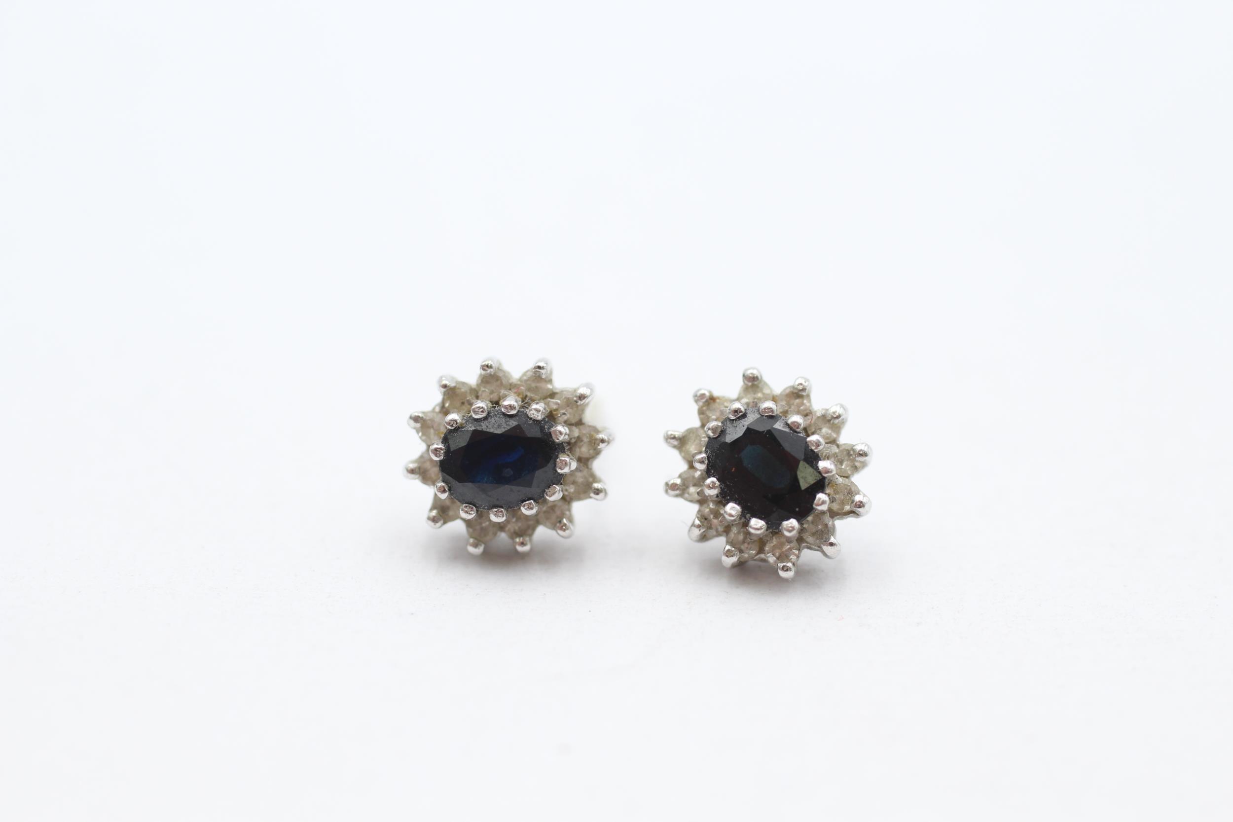 9ct gold sapphire & diamond cluster stud earrings with scroll backs - 1.6 g