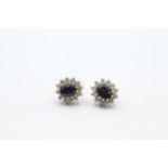9ct gold sapphire & diamond cluster stud earrings with scroll backs - 1.6 g