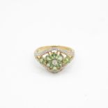 9ct gold green gemstone floral cluster ring with diamond frame (2.9g) Size P